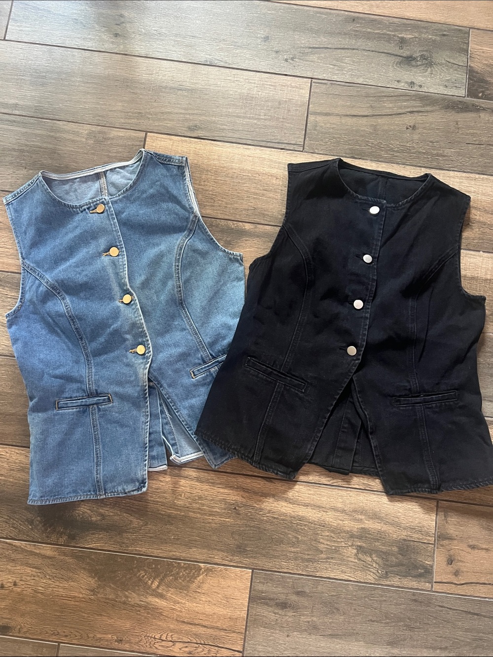 Denim and Black Button-Front Vests - Casual Layering